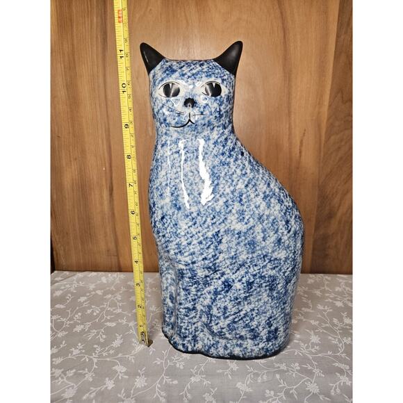 Vtg Cat Figurine White Blue Ceramic 9” Tall Enesco Designed Spongeware Taiwan - Picture 1 of 8